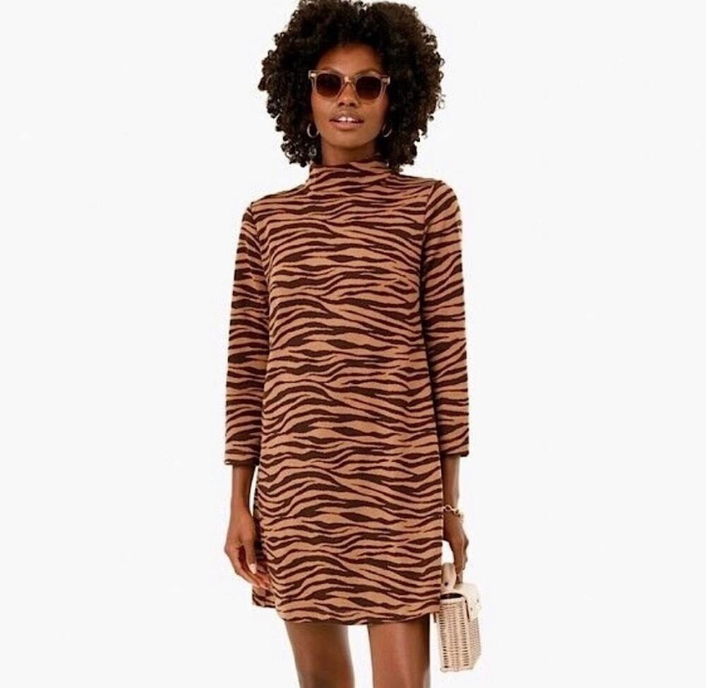 NWT Tuckernuck Brown Zebra Animal Print Mockneck Longsleeve Knit Dress Size XS